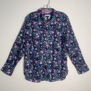 Talbots Navy Floral Button-Up with Pink & Blue Blooms XL